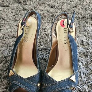 GUESS Denim Peep-Toe Slingback Heels - Blue with Gold Accents